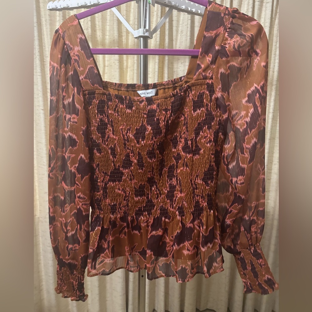 Nine West Brown and Pink long sleeve Blouse Sz L